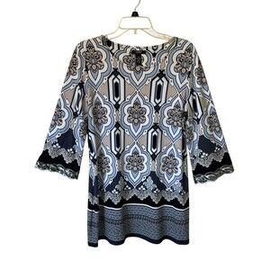 Alfani Women’s Mini Dress Tunic Blue Black Beige Long Sleeve Size LP